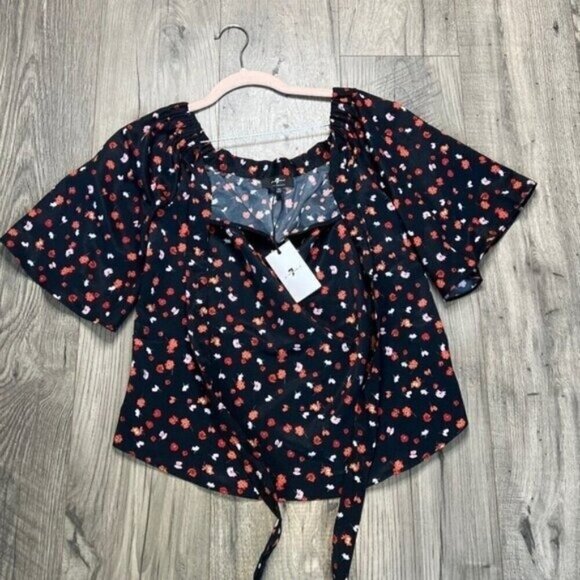 7 For All Mankind NWT Navy & Red Floral Print Off The Shoulder Blouse Size XS - Picture 3 of 11
